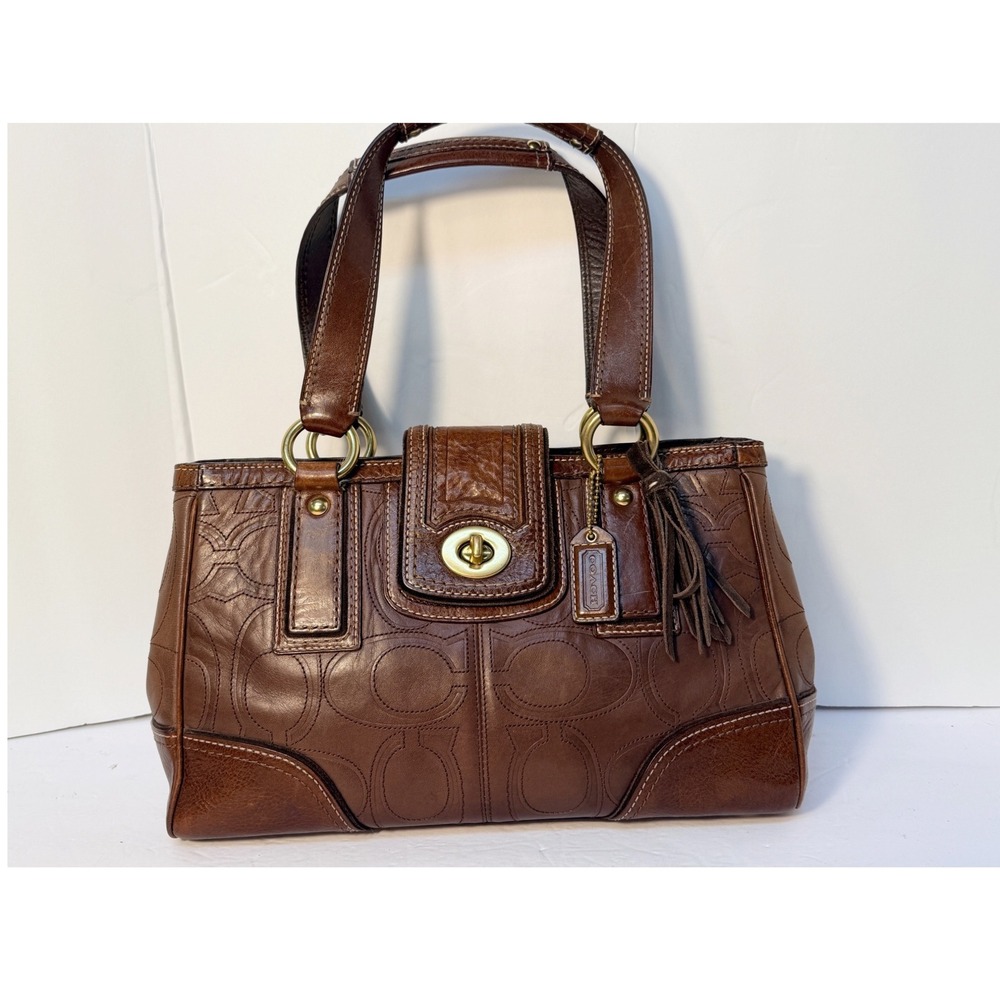Coach Hampton Signature Embossed Leather Satchel Brown Mahogany Bag 11062